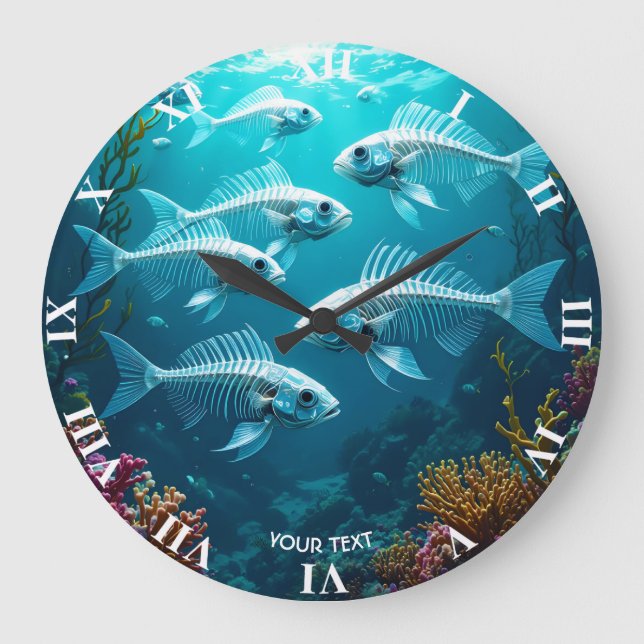 Fantasy Cute Skeleton Fish School Large Clock (Front)