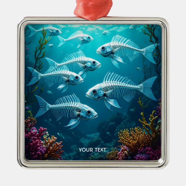 Fantasy Cute Skeleton Fish School Metal Ornament (Front)
