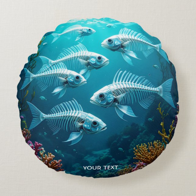 Fantasy Cute Skeleton Fish School Round Cushion (Front)