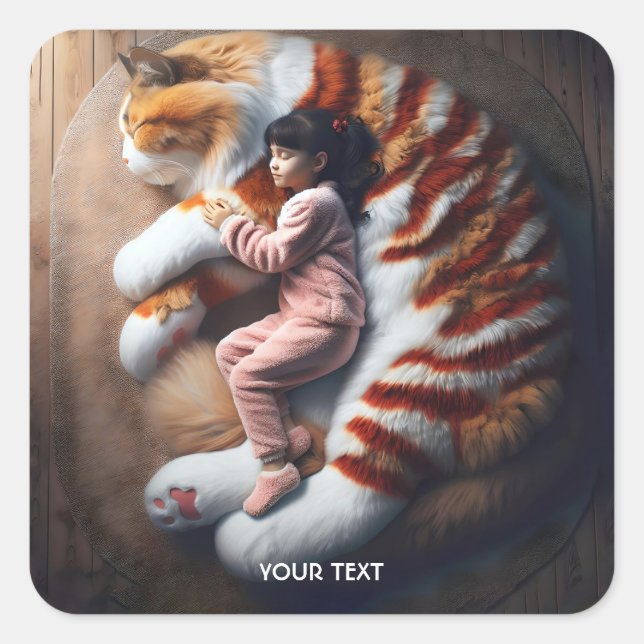 Fantasy Cute Sleeping Cat Girl Square Sticker (Front)