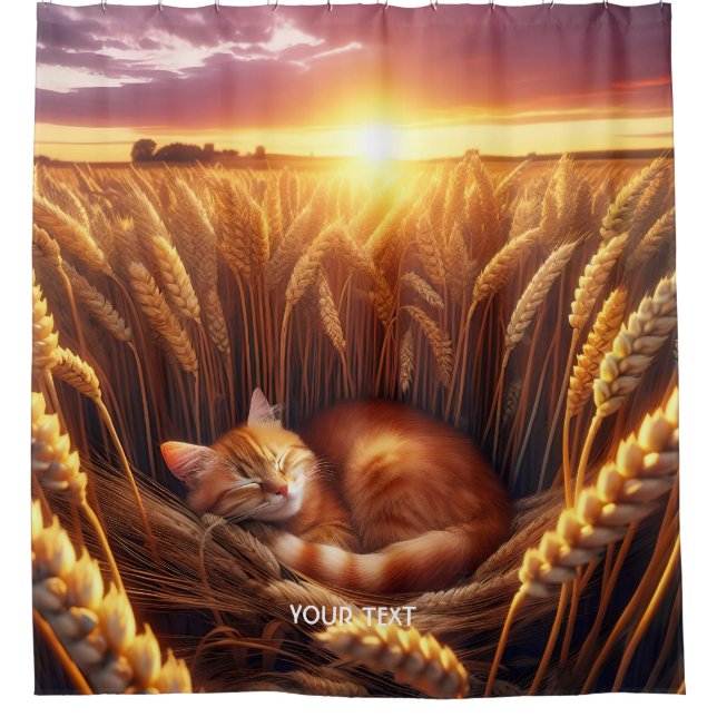 Fantasy Cute Sleeping Cat Wheat Shower Curtain (Front)