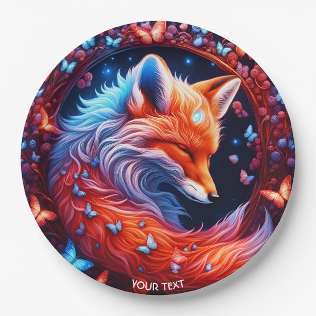 Fantasy Cute Sleeping Fox Butterflies Paper Plate (Front)