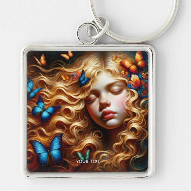Fantasy Cute Sleeping Girl Butterflies Key Ring (Front)