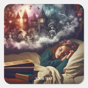 Fantasy Cute Sleeping Girl Dreams Square Sticker