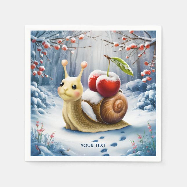 Fantasy Cute Snail Cherry Winter Napkin (Front)