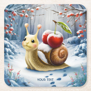 Fantasy Cute Snail Cherry Winter Square Paper Coaster