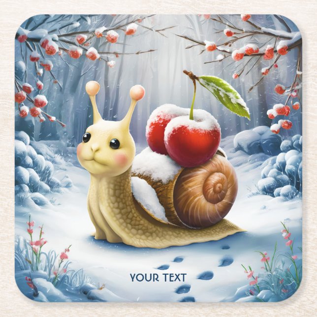 Fantasy Cute Snail Cherry Winter Square Paper Coaster (Front)