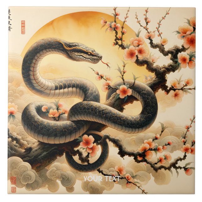 Fantasy Cute Snake Branch Flowers Ceramic Tile (Front)