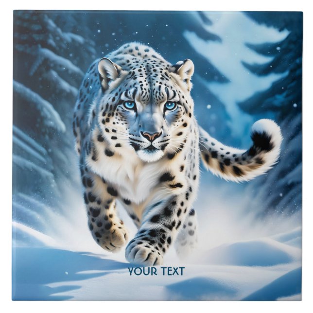 Fantasy Cute Snow Leopard Running Ceramic Tile (Front)