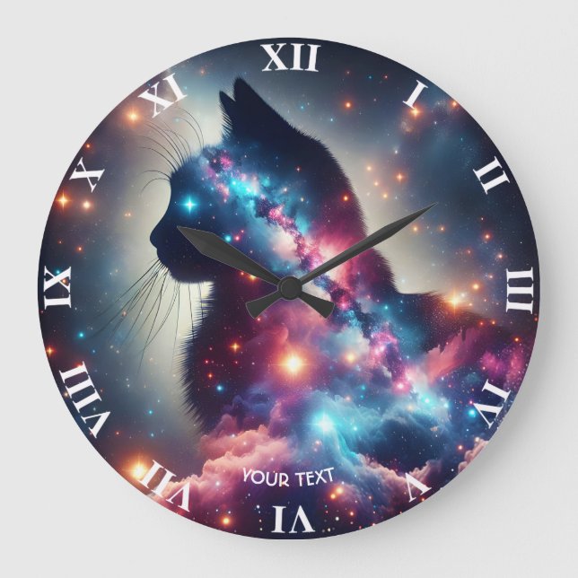 Fantasy Cute Space Cat Stars Large Clock (Front)