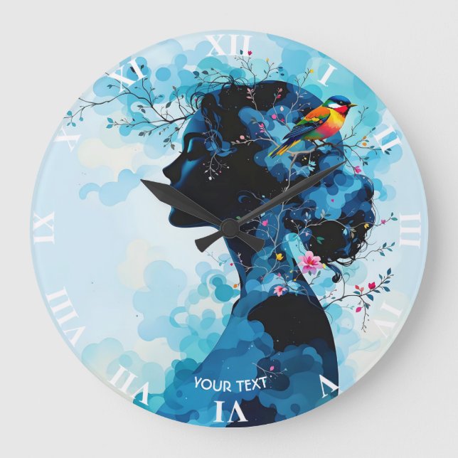 Fantasy Cute Spring Girl Bird Large Clock (Front)