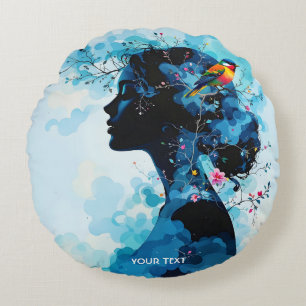 Fantasy Cute Spring Girl Bird Round Cushion