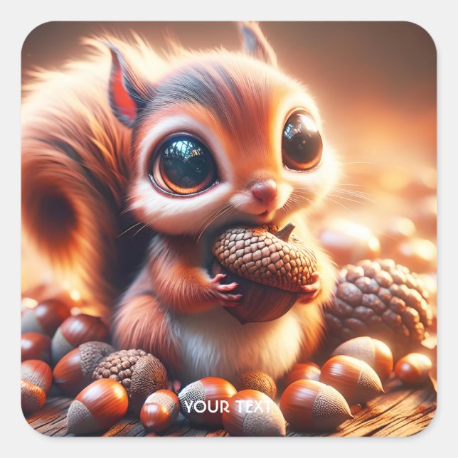 Fantasy Cute Squirrel Holding Acorn Square Sticker (Front)