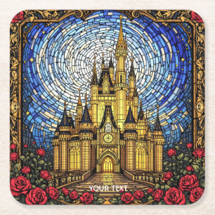 Fantasy Cute Stained Glass Castle Square Paper Coaster