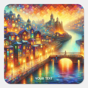 Fantasy Cute Stained Glass City Square Sticker