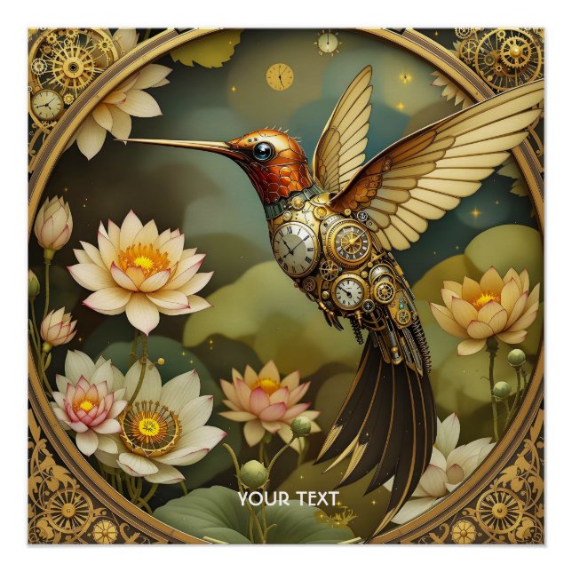 Fantasy Cute Steampunk Bird Clock Poster (Front)