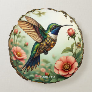 Fantasy Cute Steampunk Bird Flowers Round Cushion