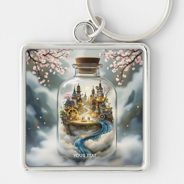 Fantasy Cute Steampunk Bottle City Key Ring (Front)