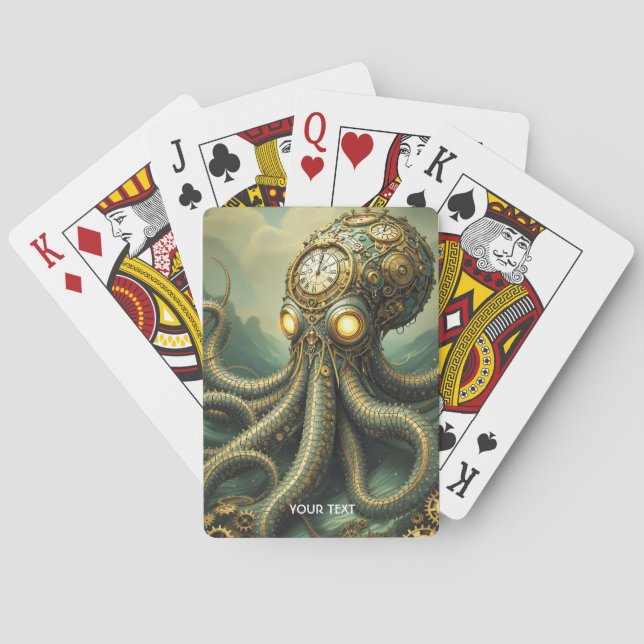 Fantasy Cute Steampunk Clock Kraken Playing Cards (Back)