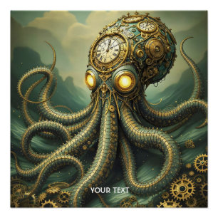 Fantasy Cute Steampunk Clock Kraken Poster