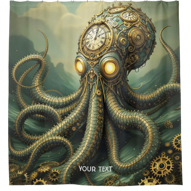 Fantasy Cute Steampunk Clock Kraken Shower Curtain (Front)