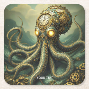 Fantasy Cute Steampunk Clock Kraken Square Paper Coaster