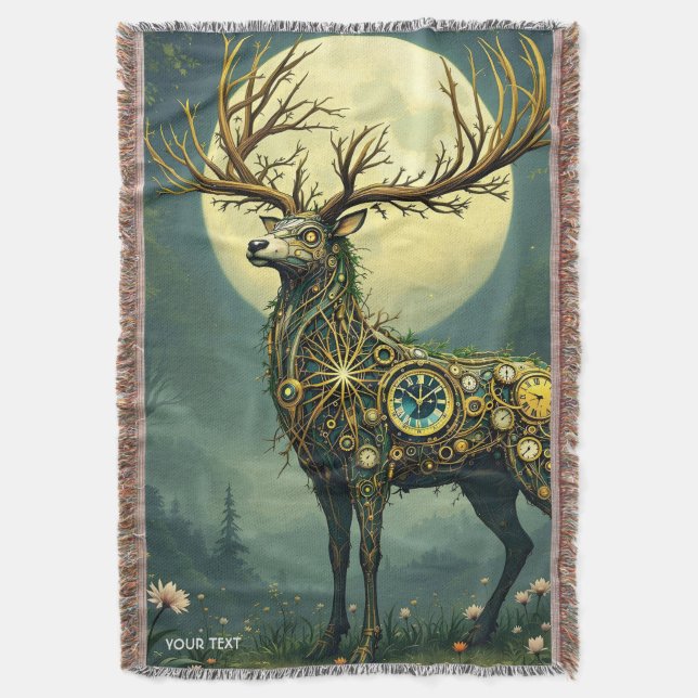 Fantasy Cute Steampunk Deer Forest Throw Blanket (Front Vertical)