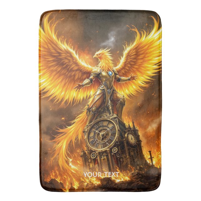 Fantasy Cute Steampunk Flames Phoenix Bath Mat (Front Vertical)