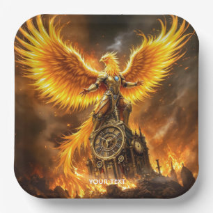 Fantasy Cute Steampunk Flames Phoenix Paper Plate