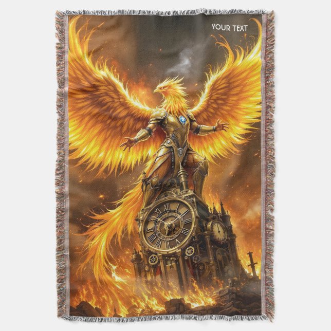 Fantasy Cute Steampunk Flames Phoenix Throw Blanket (Front Vertical)