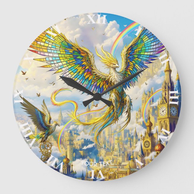 Fantasy Cute Steampunk Griffin City Large Clock (Front)