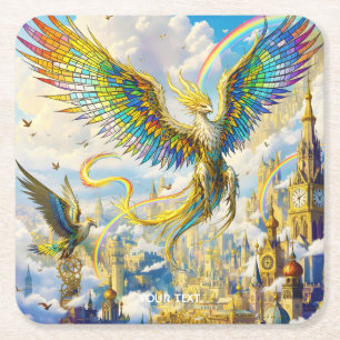 Fantasy Cute Steampunk Griffin City Square Paper Coaster