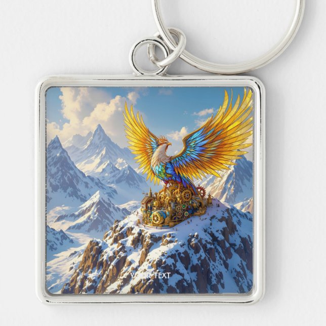 Fantasy Cute Steampunk Mountains Phoenix Key Ring (Front)