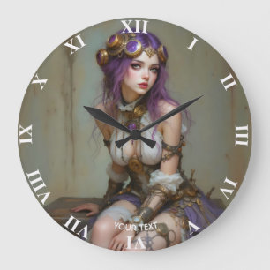 Fantasy Cute Steampunk Purple Girl Large Clock