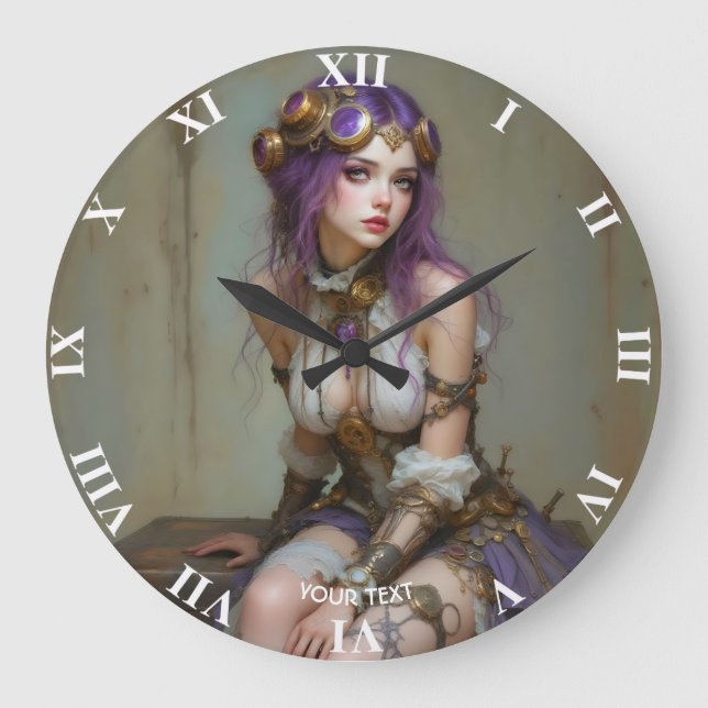 Fantasy Cute Steampunk Purple Girl Large Clock (Front)