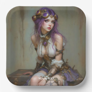 Fantasy Cute Steampunk Purple Girl Paper Plate
