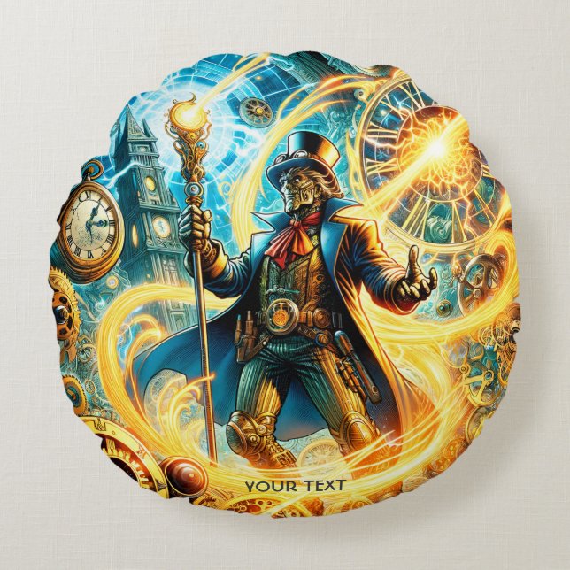 Fantasy Cute Steampunk Time Wizard Round Cushion (Front)