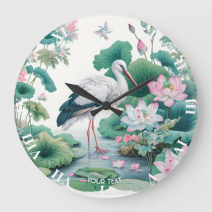 Fantasy Cute Stork Flowers Lake Large Clock