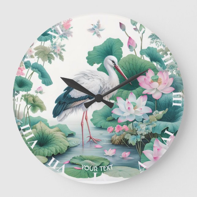 Fantasy Cute Stork Flowers Lake Large Clock (Front)