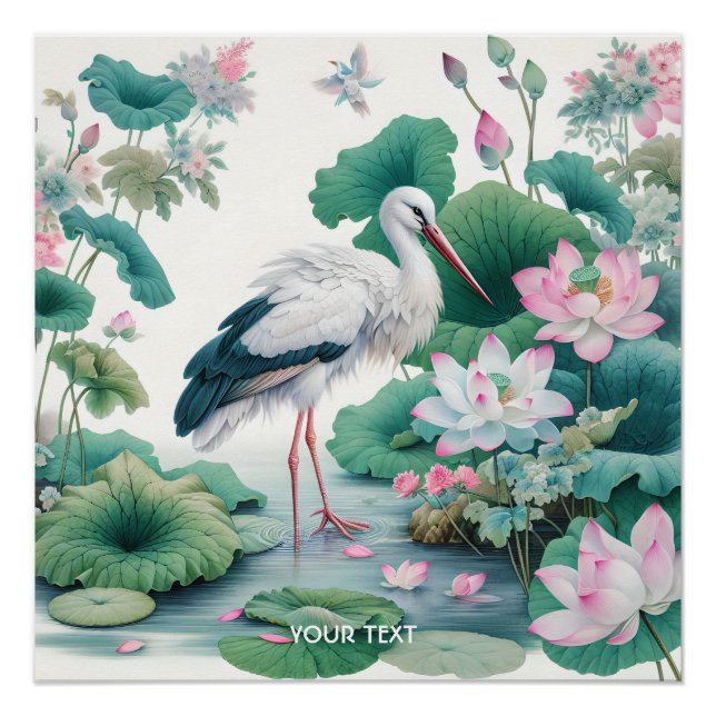Fantasy Cute Stork Flowers Lake Poster (Front)
