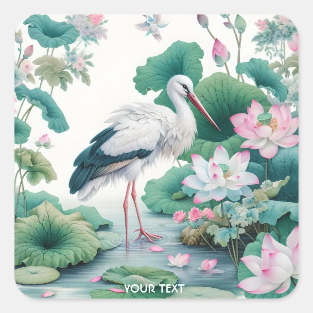 Fantasy Cute Stork Flowers Lake Square Sticker (Front)