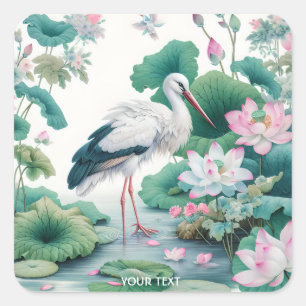 Fantasy Cute Stork Flowers Lake Square Sticker