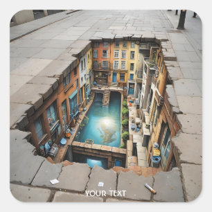 Fantasy Cute Street Houses Illusion Square Sticker