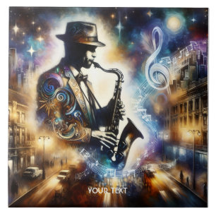 Fantasy Cute Street Musician Saxophone Ceramic Tile