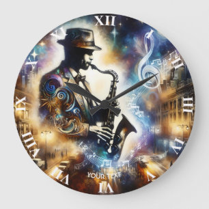 Fantasy Cute Street Musician Saxophone Large Clock