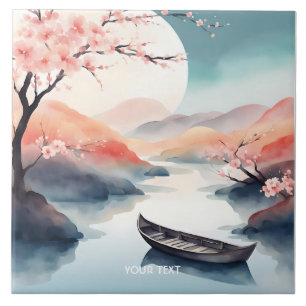 Fantasy Cute Sun Sakura Boat Ceramic Tile