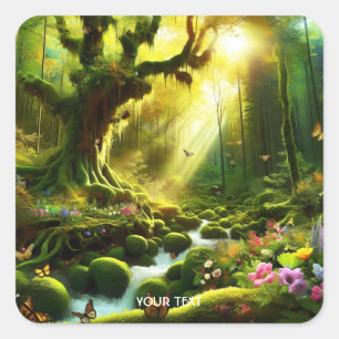 Fantasy Cute Sun Trees Forest  Square Sticker