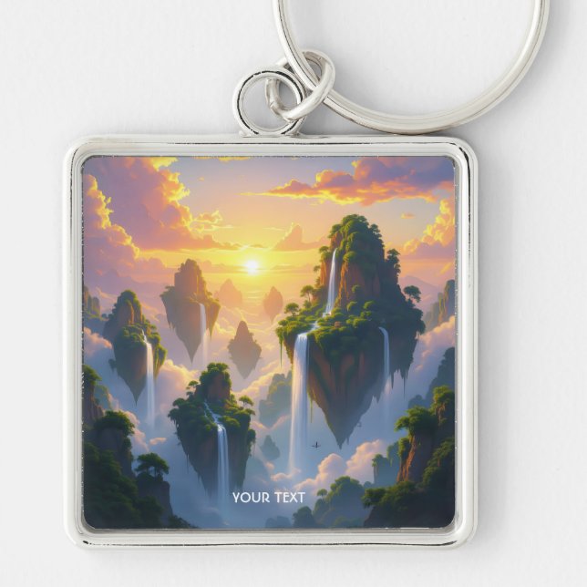 Fantasy Cute Sunset Islands Waterfalls Key Ring (Front)