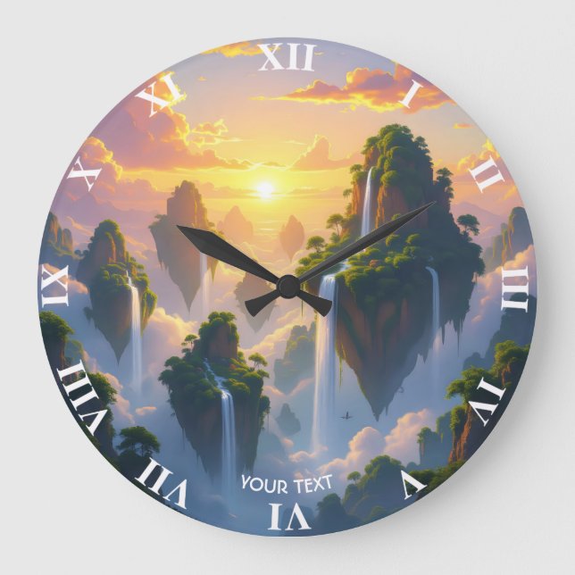 Fantasy Cute Sunset Islands Waterfalls Large Clock (Front)