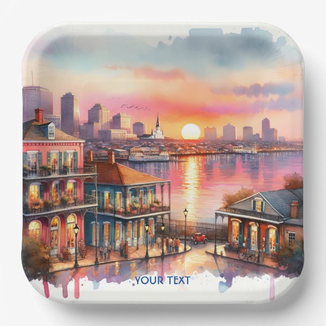 Fantasy Cute Sunset New Orleans View Paper Plate (Front)